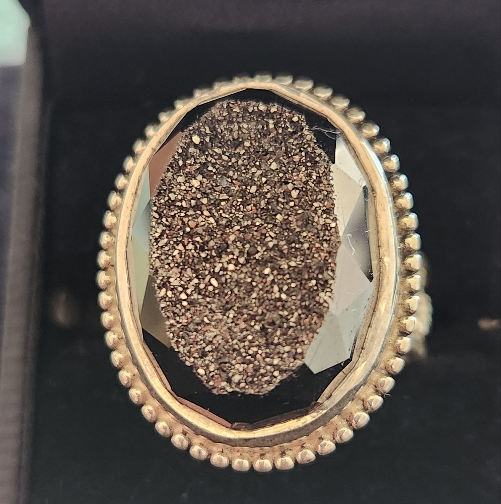 Black Drusy In 925 Silver Setting. Size 11 - Picture 2 of 6